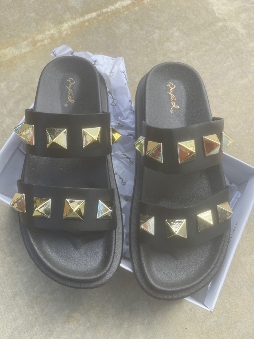 Qupid Black Slide Sandals with Gold Pyramid Studs